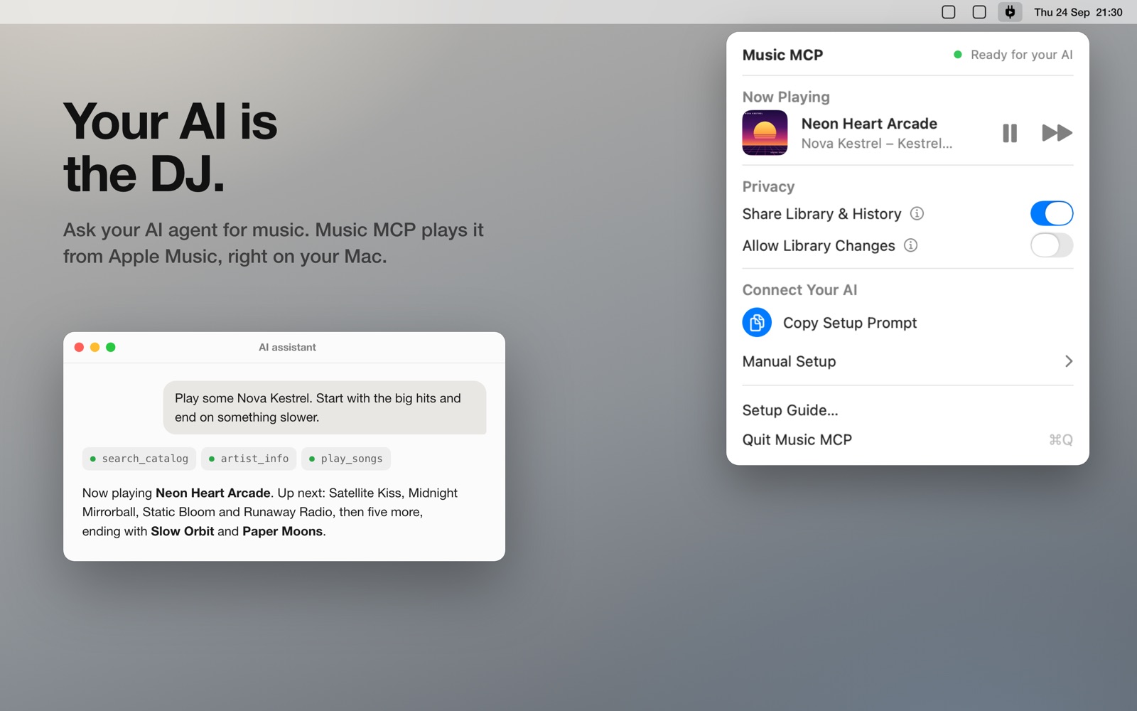 An AI assistant chat asking for music next to the Music MCP menu bar panel, which shows the song that's playing.