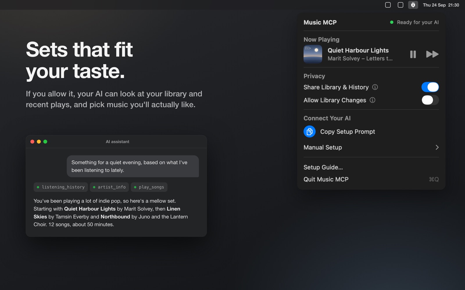 An AI assistant building a mellow evening set from the listening history, next to the Music MCP panel in dark mode.