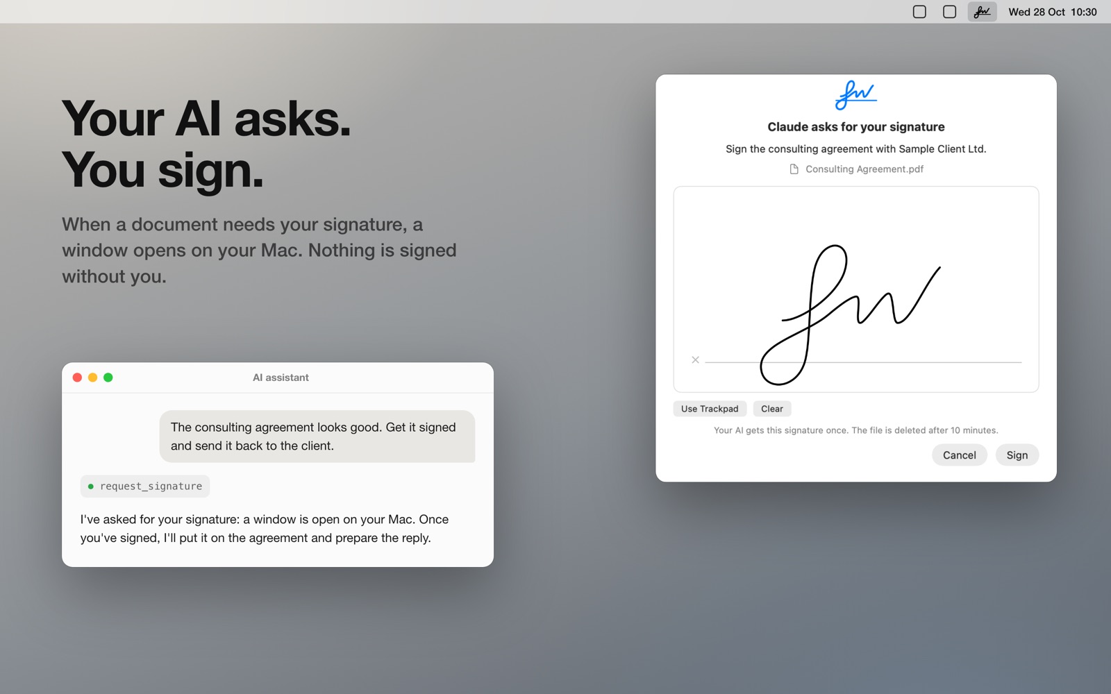 An AI assistant chat asking for a signature, next to the Signature MCP window with a signature drawn on the pad.