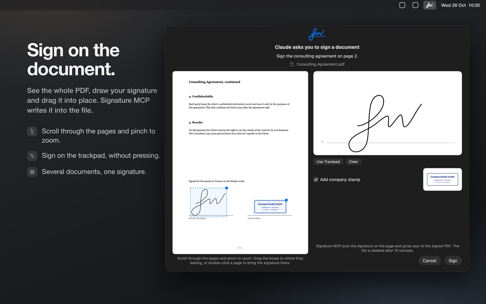 The Signature MCP window with a contract page on the left, the signature placed on its signing line, and the signature pad on the right.